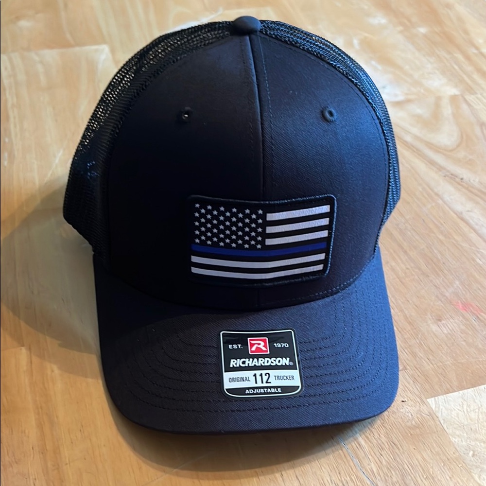 Richardson Black Trucker 112 Mesh Hat Thin Blue Line Flag Patch Adjustable